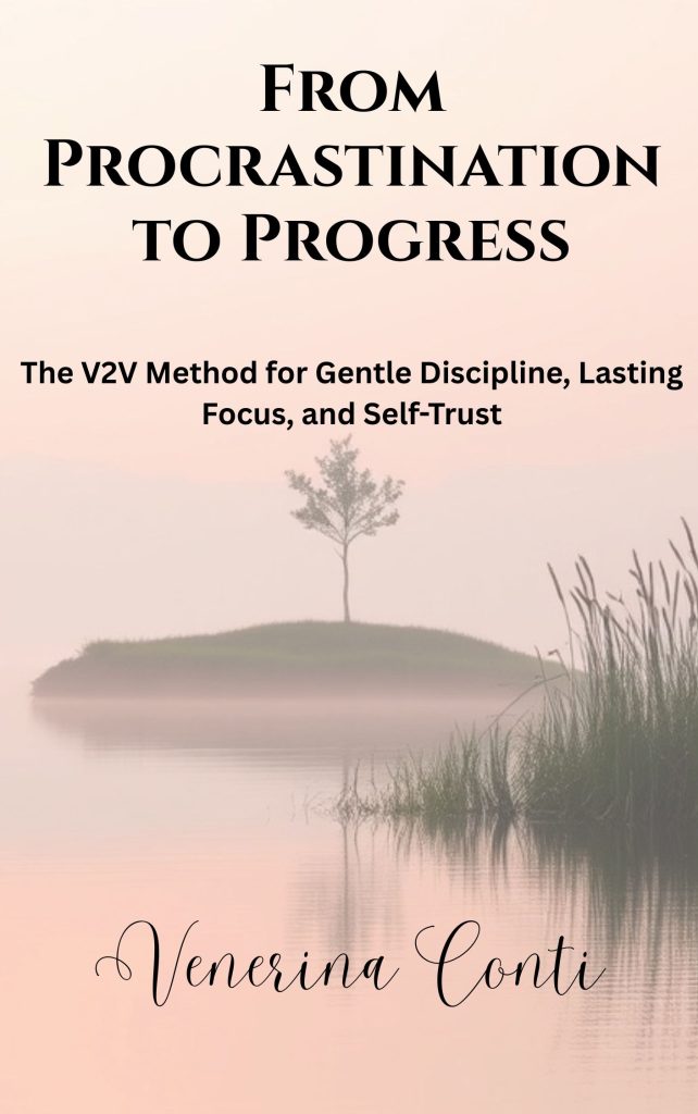 reeds in water and a little mound of land. Book cover for "From Procrastination to Progress" by Venerina Conti
