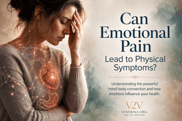 A thoughtful woman rests her hand against her forehead while glowing illustrations of the brain, heart and digestive system are superimposed over her body. The image symbolises the connection between emotional pain and physical symptoms, illustrating how stress and emotions can influence multiple systems within the body. The accompanying text highlights the role of the mind-body connection in health and well-being.