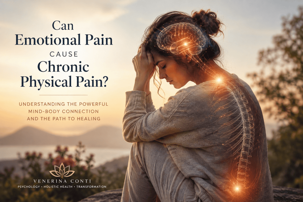 Illustration of the mind-body connection showing how emotional pain may contribute to chronic physical pain, with visual representations of the nervous system, the brain and the body's energy pathways.