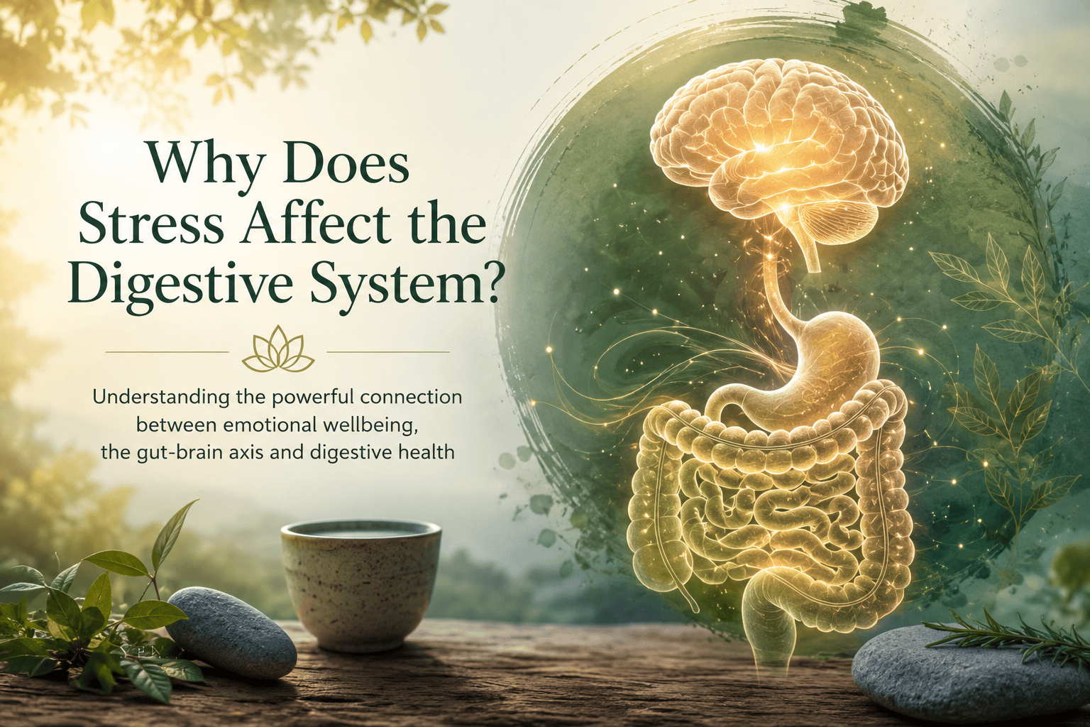 Nature-inspired illustration depicting the connection between stress and digestive health, featuring a symbolic brain and digestive system surrounded by herbs, wildflowers and a peaceful landscape representing the mind-body connection and holistic healing.