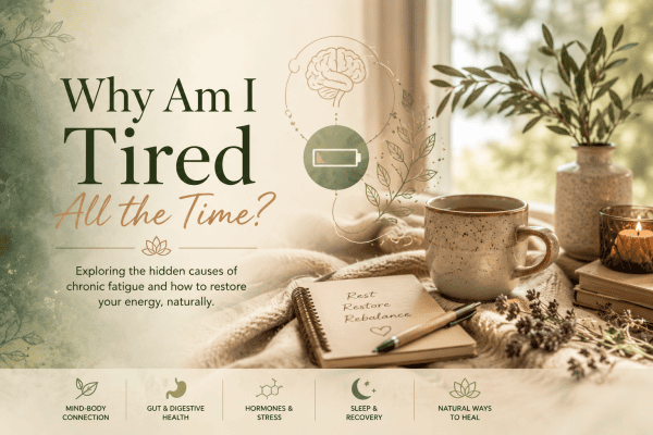 Nature-inspired illustration exploring the causes of persistent fatigue, featuring symbolic representations of the brain, energy depletion, stress, sleep, digestive health and holistic healing in a calm and restorative setting.