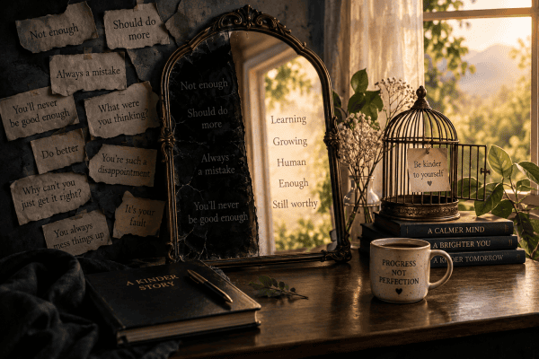 A symbolic scene representing self-criticism and self-compassion, with negative messages reflected in a dark mirror alongside a brighter reflection symbolising growth, self-worth and learning.
