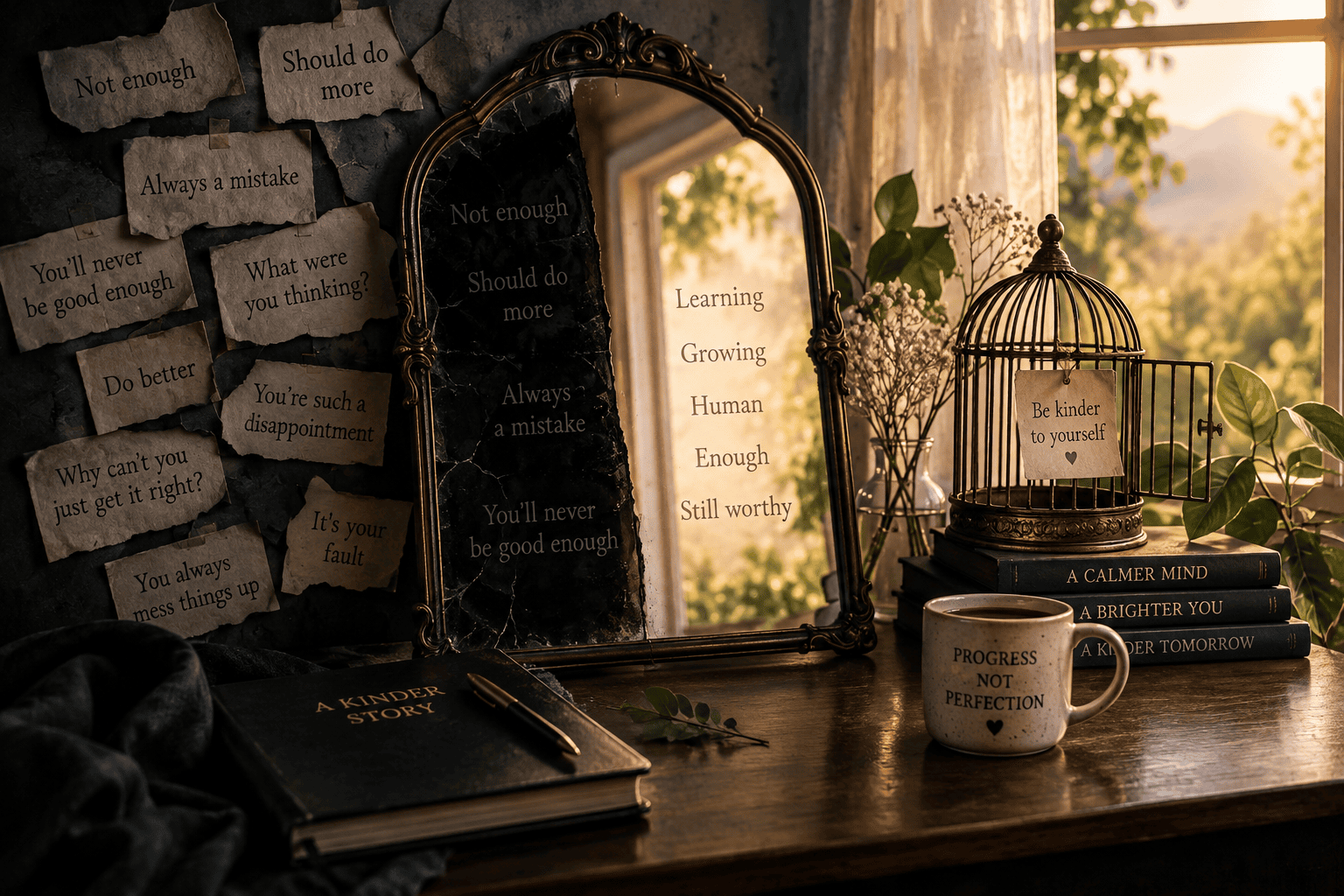 A symbolic scene representing self-criticism and self-compassion, with negative messages reflected in a dark mirror alongside a brighter reflection symbolising growth, self-worth and learning.