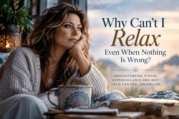 Woman unable to relax, sitting thoughtfully with a cup of tea as she looks into the distance, representing stress, hypervigilance and difficulty finding calm.