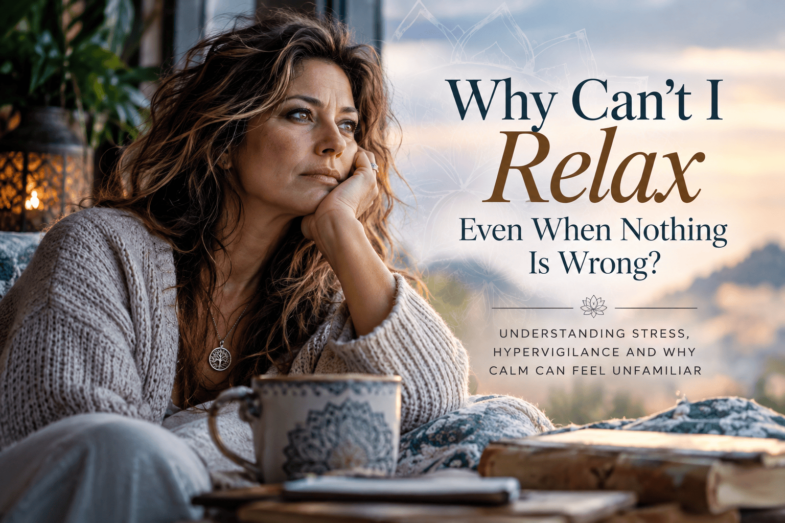 Woman unable to relax, sitting thoughtfully with a cup of tea as she looks into the distance, representing stress, hypervigilance and difficulty finding calm.